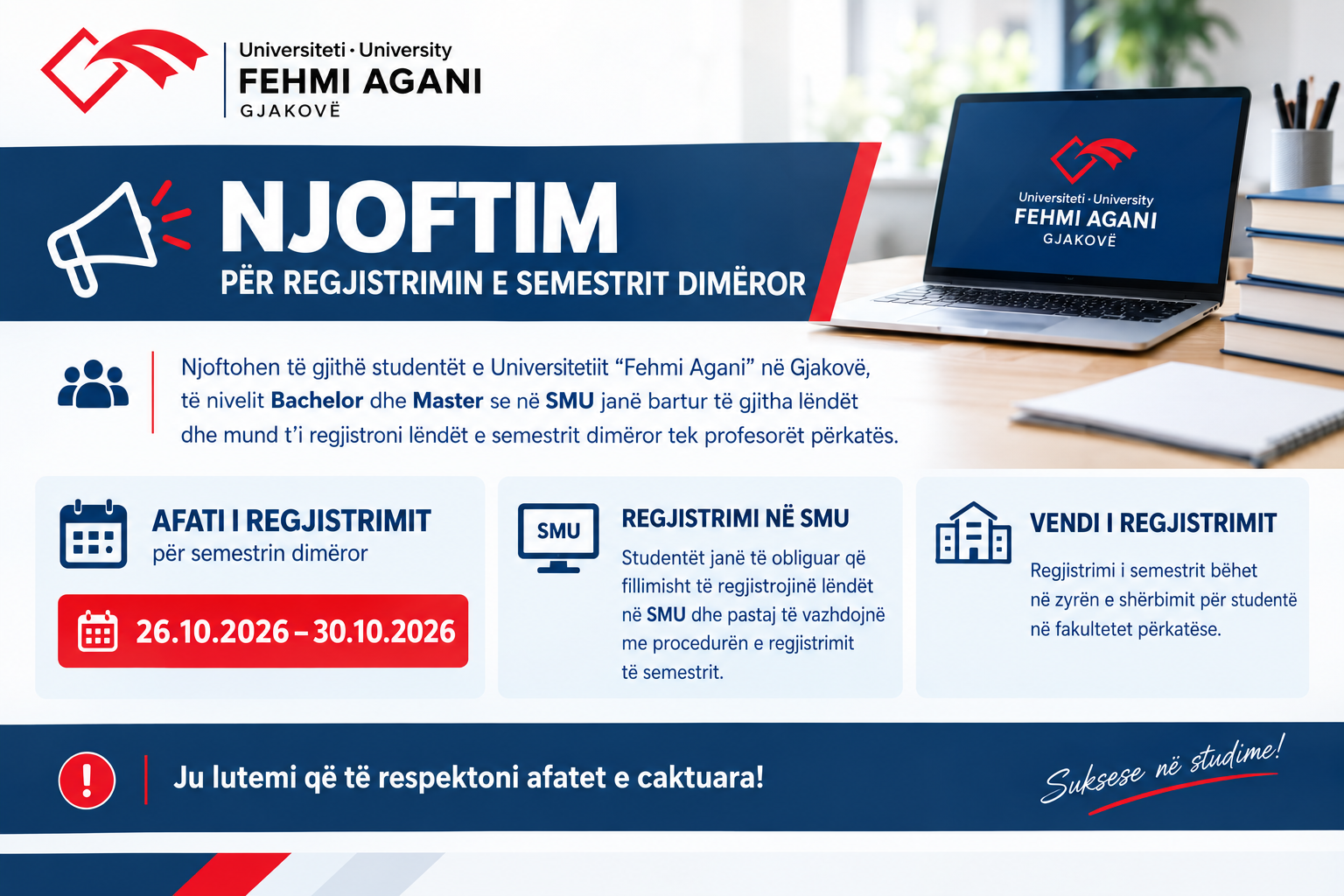Njoftim për regjistrimin e lëndëve dhe regjistrimin e semestrit dimëror për vitin akademik 2026/2027